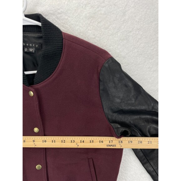 Theory Varsity Bomber Jacket Women’s Size SP Burgundy Wool Blend Petite - Picture 4 of 7